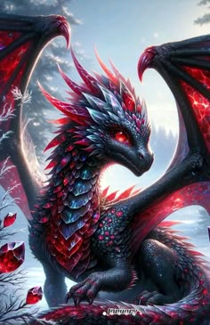 a red and black dragon sitting on top of a snow covered ground