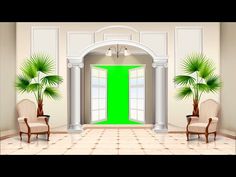 a green door is in the middle of a room with two chairs and a potted plant