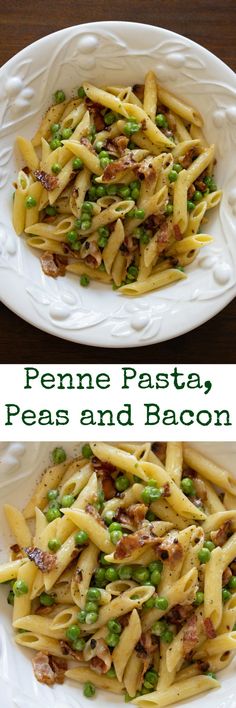 peas and bacon pasta in a white bowl on top of a wooden table with the words penne pasta, peas and bacon