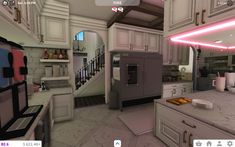 a virtual view of a kitchen with white cabinets and marble counter tops on the floor