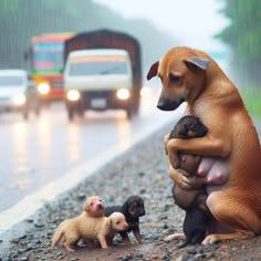 two dogs and three puppies are sitting on the side of the road in the rain