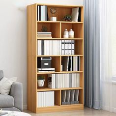 a living room with a couch and bookcase in front of a window on the wall