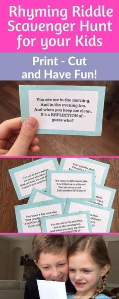 two children holding up some cards with the words, rhyming riddle scavenger hunt for your kids print - out and have fun