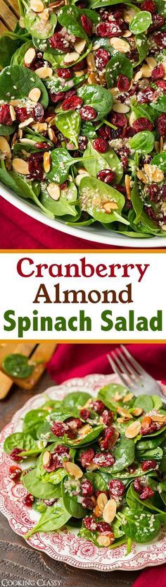 spinach salad with cranberry and almonds on top