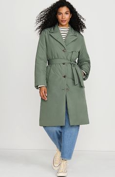 Top off your dressier looks with a stylish trench coat. It's fully lined for extra comfort and warmth, plus it's made with a water-resistant finish for a touch of practicality! The longer length adds coverage and style and the tie-waist is flattering, yet functional. It complements any outfit perfectly! TEMPERATURE RATING - WARMEST: -4° to +24°;Fahrenheit;Learn more; Relaxed fit: fits comfortably away from the body Extra long length: hits at or below the knee, covers bottoms Approximate Winter Single-breasted Raincoat For Work, Long Raincoat With Button Closure, Fall Solid Single-breasted Raincoat, Casual Long-sleeved Raincoat With Fleece Lining, Plus Size Trench Coat, Women's Rain Coats L.l.bean, Green Trench Coat, Trench Coat Black, Green Coat