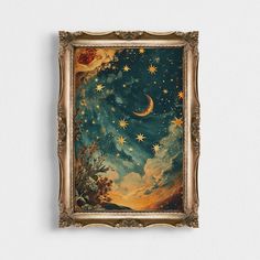 a painting hanging on the wall with stars and moon in the night sky above it