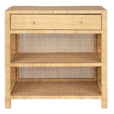 a bamboo shelf with two drawers on one side and an open drawer on the other