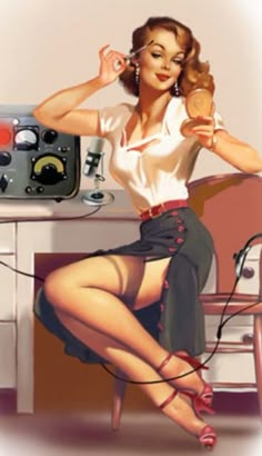 a woman sitting on a chair in front of a radio