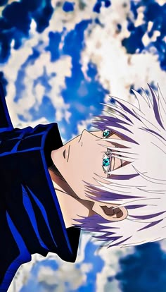 an anime character with white hair and blue eyes looking at something in the sky behind him