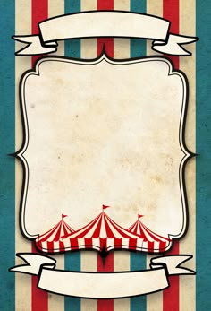 a red and white striped background with an old fashioned circus tent sign in the center