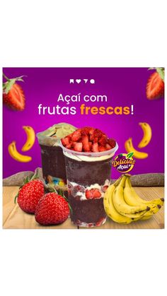 an advertisement for frozen yogurt with strawberries and bananas