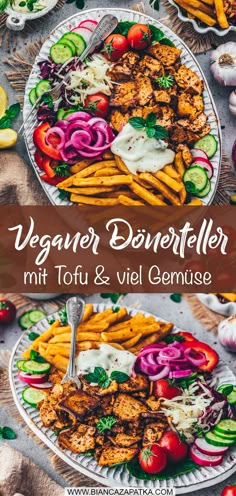 a plate full of vegetables and meat with the words vegan doucetter on it