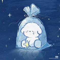 a blue bag with a white teddy bear in it and stars on the sky above