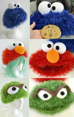 crocheted sesame the cookie monster head is shown in four different colors and sizes