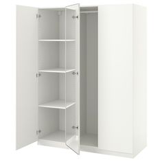 an open white cabinet with shelves on both sides and no doors in the front, isolated against a white background