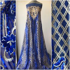 Gold and cobalt blue sequins lace fabric Rich fabric for evening formal gown Width is 135 cm Price is for one yard all order over quantity 1 will be in a continuous length Fitted Floor-length Blue Embroidered Fabric, Blue Embellished Fitted Embroidered Fabric, Fitted Blue Embellished Embroidered Fabric, Blue Lace Work Party Dress, Blue Lace Party Dress, Blue Party Dress With Lace Work, Blue Lace Dress With Sequins, Blue Lace Dress With Intricate Embroidery, Blue Embellished Embroidered Fabric For Wedding