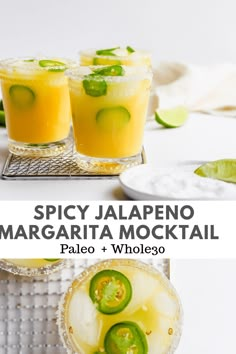 spicy jalapeno margarita mocko cocktail in glasses with limes on the side