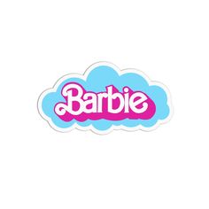 the word barbie on top of a cloud in pink and blue with white clouds behind it