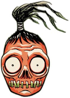 an orange onion with eyes and hair on it's head is shown in the shape of a skull