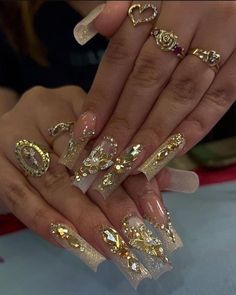 Ongles Bling Bling, Milky Nails, Gold Nail, Dope Nail Designs, Acrylic Nails Coffin Pink, Long Square Acrylic Nails, Unique Acrylic Nails