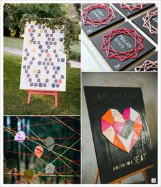 a collage of different pictures with hearts on them and some chalkboards attached to the boards