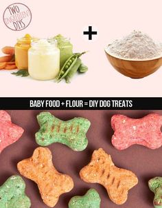 two pictures with dog treats and baby food in them on the same page, there are three different types of dog treats