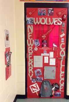 a red door decorated with various items on it