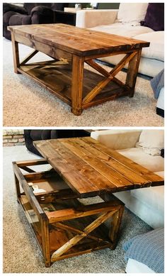 two different views of a coffee table made out of pallet wood and some sort of metal