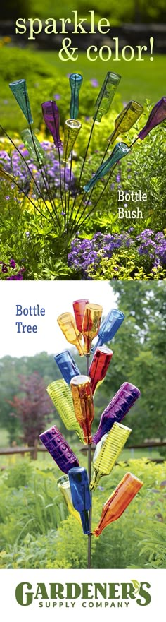 two pictures of colorful glass flowers in the grass and one with words sparkle & color on it