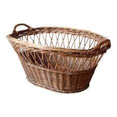 a wicker basket with handles on a white background