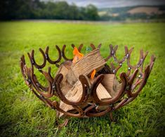 a fire pit made out of wooden logs in the grass with flames coming out of it