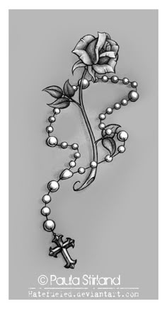 a drawing of a rose with pearls and a cross hanging from it's side