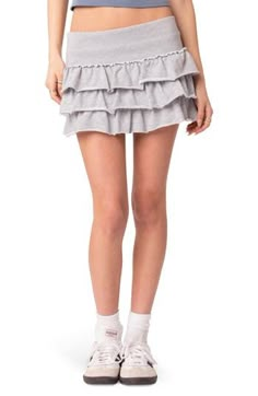 Cascading ruffles lend stunning dimension to a soft French terry skirt fashioned in a stem-baring silhouette. Pull-on style 95% cotton, 5% spandex Machine wash, dry flat Imported Layered Mini Skirt, Visionary Fashion, Ruffle Mini Skirt, Miniskirt Outfits, Terry Fabric, French Terry Fabric, Layered Skirt, Leather Mini Skirts, Gray Skirt