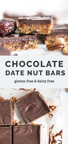 chocolate date nut bars with nuts on top and the title above it reads, chocolate date nut bars gluten free & dairy free