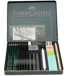 the faber castell box contains several different types of pens and pencils in it