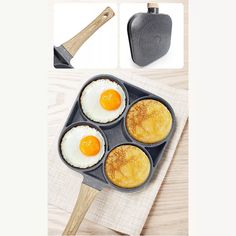 three eggs in a muffin pan with a spatula