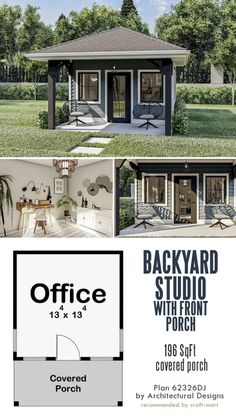 the front and back side of a small house with an attached porch, covered porch, and