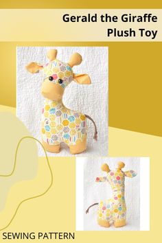 a stuffed giraffe is shown with the sewing pattern for it's head