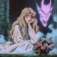 a woman with long hair sitting in front of a demon head and surrounded by flowers