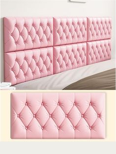 a pink headboard is shown next to a bed