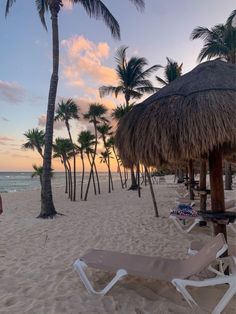 lounge chairs and straw umbrellas on the beach at sunset with palm trees in the background