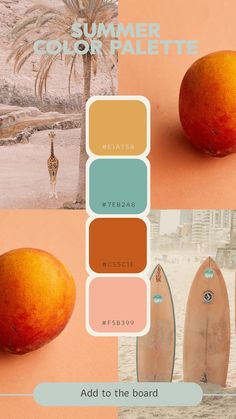 an orange and some surfboards on the beach with color palettes to choose from