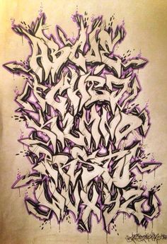 graffiti on the side of a wall with purple and black spray painted letters in it