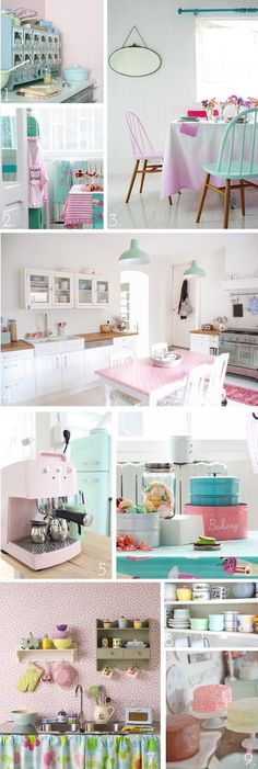 many different pictures of kitchen furniture and appliances in pink, blue, white and green colors