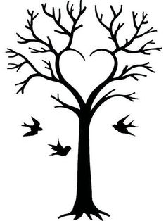 a tree with birds flying around it and a heart in the branches on top of it