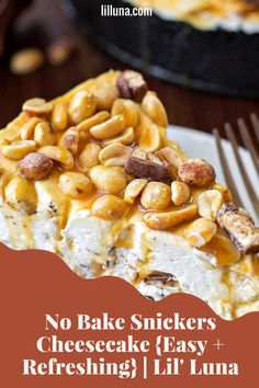 image Recipe: Snickers cheesecake is a no bake dream. It is cool and refreshing with the perfect amount of rich chocolate and peanut flavor! No Bake Snickers Cheesecake, Cheesecake Easy, Snickers Cheesecake, Easy Cheesecake, Dream It, No Bake