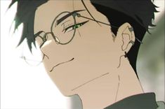 an anime character with glasses and green eyes looking to his left, in front of the camera