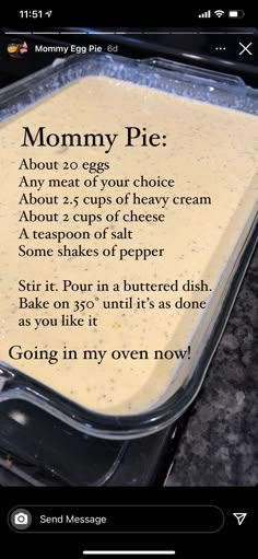 the recipe for mommy pie is shown in an appliance