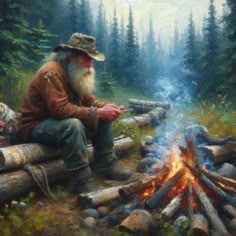 an old man sitting next to a campfire in the woods with logs and firewood