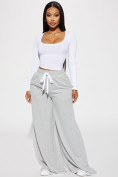 Available In Heather Grey. Wide Leg Pant High Waisted Elastic Waistband Drawstring Pockets Oversized French Terry 60% Cotton 40% Polyester Imported | My Turn Again Lounge Pant in Heather Grey size 2X by Fashion Nova Wide Leg Lounge Pants Outfit, Women Lounge Wear Outfits, Lounge Wear Ideas, Beach Lounge Wear, Wide Leg Pants High Waisted, Sweatpants Style, My Turn, Streetwear Fashion Women, Wide Leg Pant